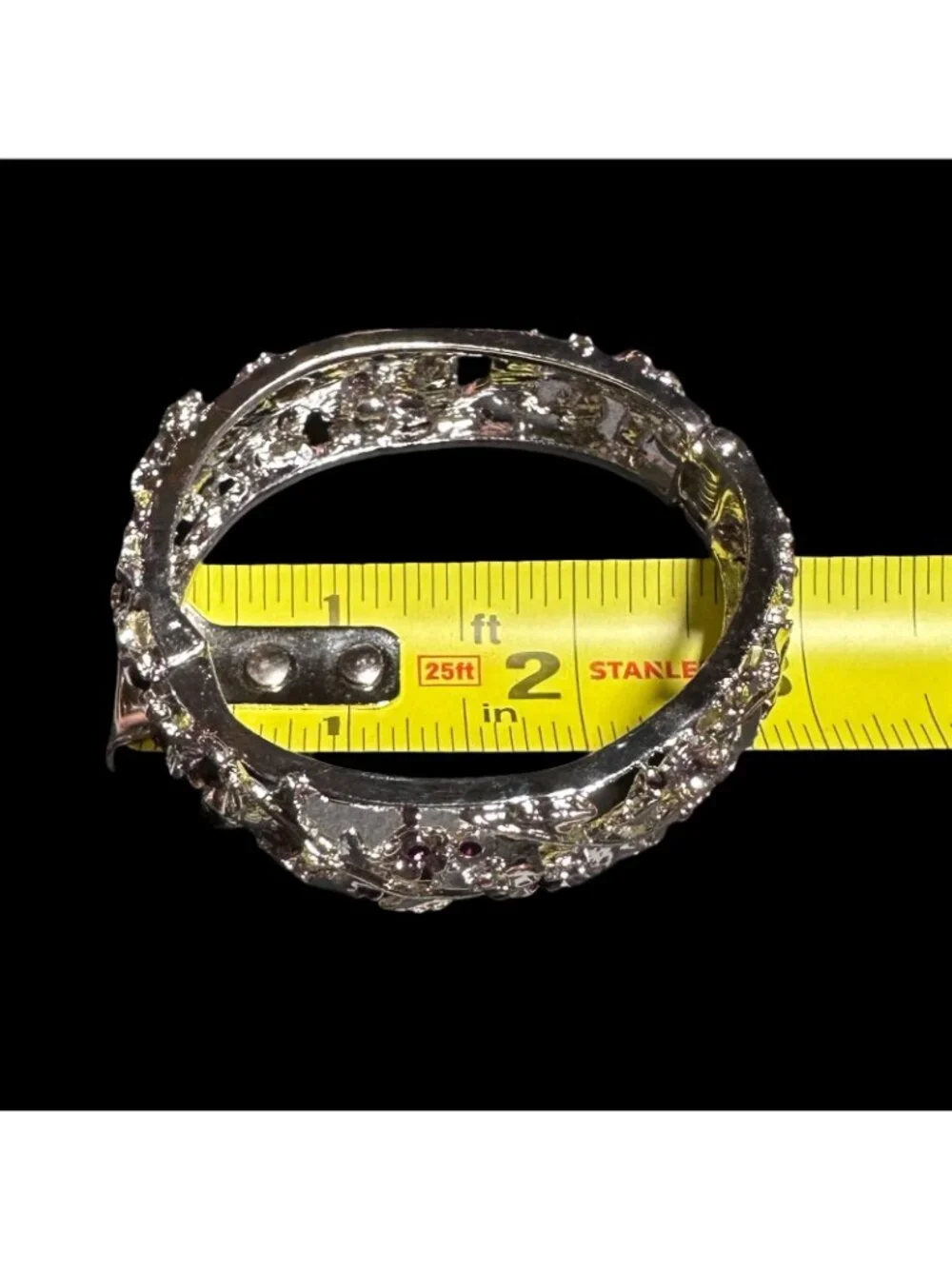 Hinged Bangle Bracelet Clamper Silver Tone Floral Filigree Purple Rhinestone
